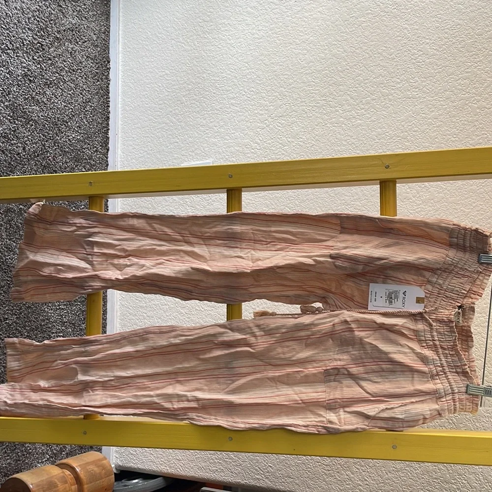 Roxy medium linen pants salmon color with rose and white stripes - Picture 4 of 5